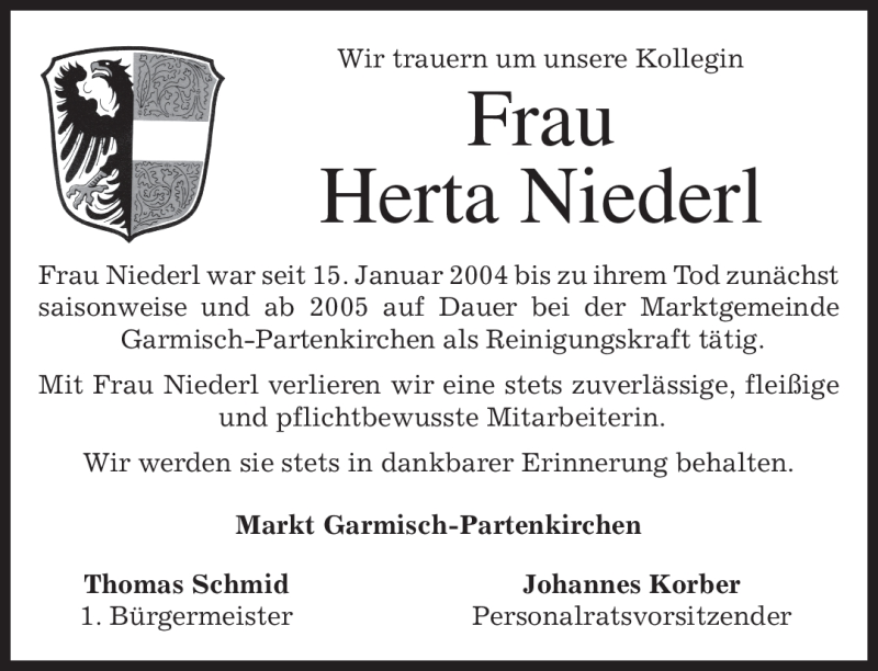  Traueranzeige für Herta Niederl vom 05.05.2010 aus MERKUR & TZ