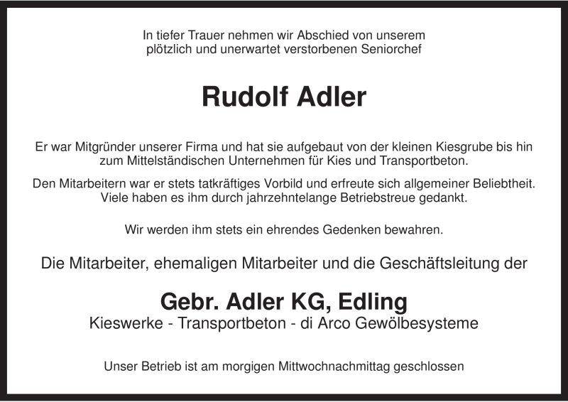  Traueranzeige für Rudolf Adler vom 16.12.2008 aus MERKUR & TZ