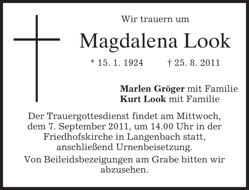  Traueranzeige für Magdalena Look vom 03.09.2011 aus MERKUR & TZ