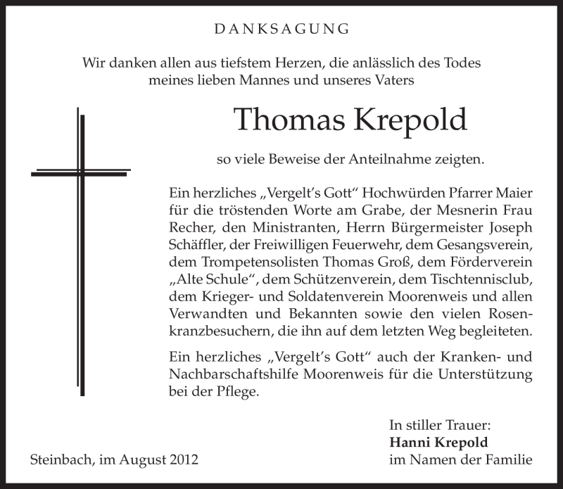  Traueranzeige für Thomas Krepold vom 18.08.2012 aus MERKUR & TZ