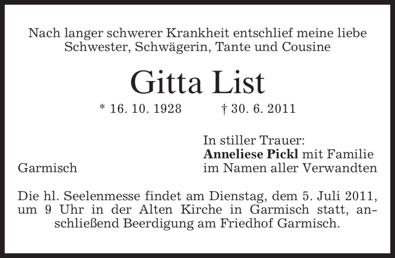  Traueranzeige für Gitta List vom 02.07.2011 aus MERKUR & TZ