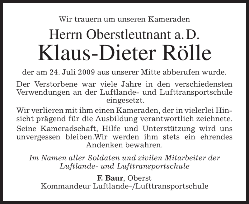  Traueranzeige für Klaus-Dieter Rölle vom 30.07.2009 aus MERKUR & TZ