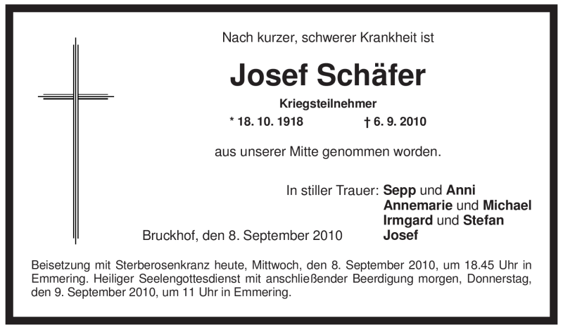  Traueranzeige für Josef Schäfer vom 08.09.2010 aus MERKUR & TZ