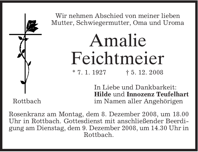  Traueranzeige für Amalie Feichtmeier vom 06.12.2008 aus MERKUR & TZ