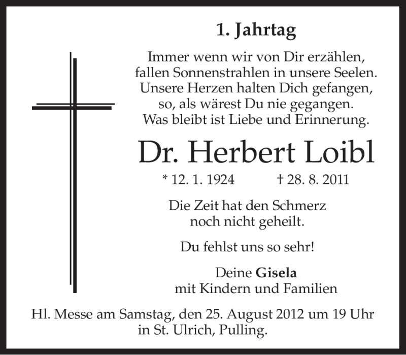 Traueranzeige für Herbert Loibl vom 25.08.2012 aus MERKUR & TZ