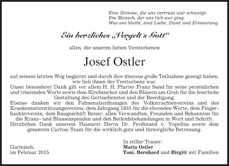  Traueranzeige für Josef Ostler vom 21.02.2015 aus merkurtz
