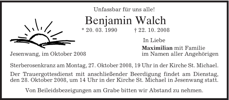  Traueranzeige für Benjamin Walch vom 25.10.2008 aus MERKUR & TZ
