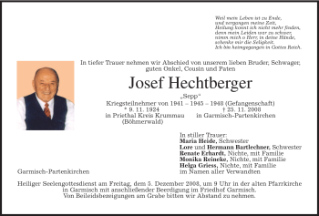 Traueranzeige von Josef Hechtberger von MERKUR & TZ