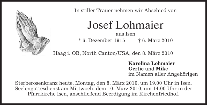  Traueranzeige für Josef Lohmaier vom 08.03.2010 aus MERKUR & TZ