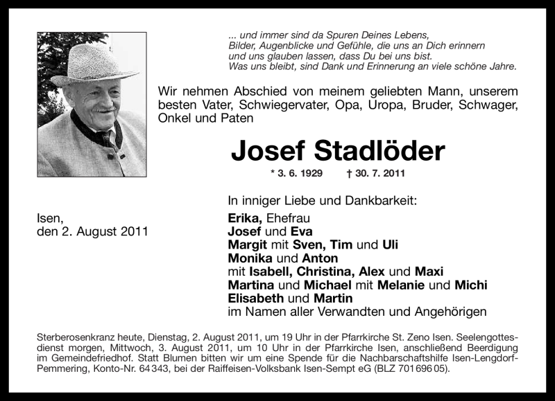  Traueranzeige für Josef Stadlöder vom 02.08.2011 aus MERKUR & TZ