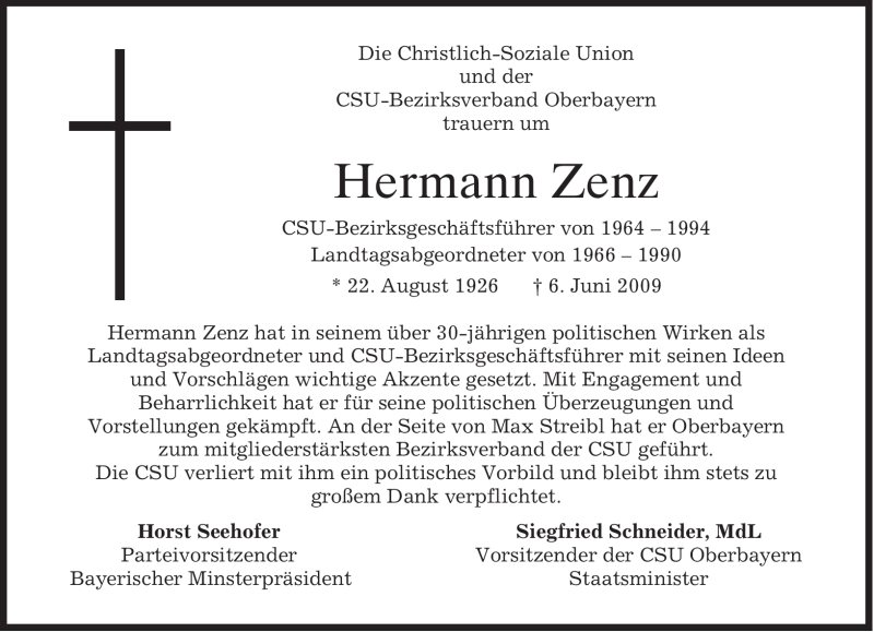  Traueranzeige für Hermann Zenz vom 10.06.2009 aus MERKUR & TZ