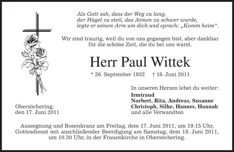  Traueranzeige für Paul Wittek vom 17.06.2011 aus MERKUR & TZ