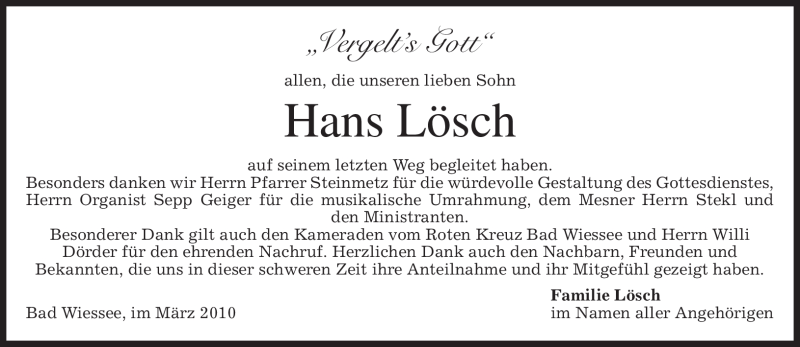 Traueranzeige für Hans Lösch vom 20.03.2010 aus MERKUR & TZ