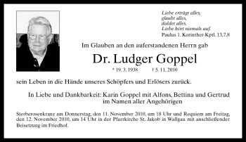 Traueranzeige von Ludger Goppel von MERKUR & TZ