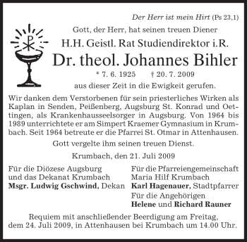 Traueranzeige von Johannes Bihler von MERKUR & TZ