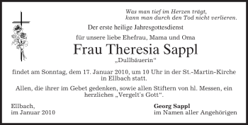 Traueranzeige von Theresia Sappl von MERKUR & TZ