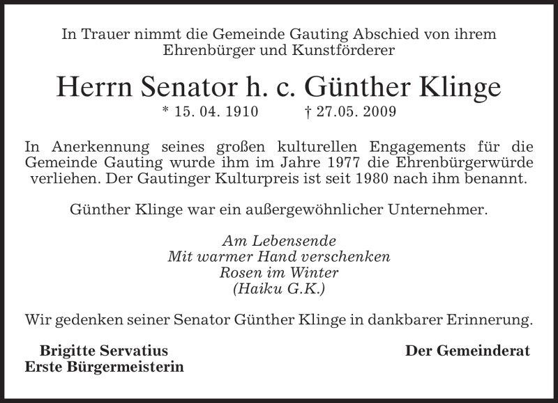  Traueranzeige für Günther Klinge vom 03.06.2009 aus MERKUR & TZ