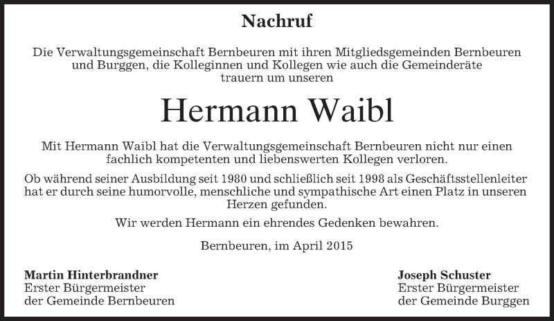  Traueranzeige für Hermann Waibl vom 15.04.2015 aus merkurtz