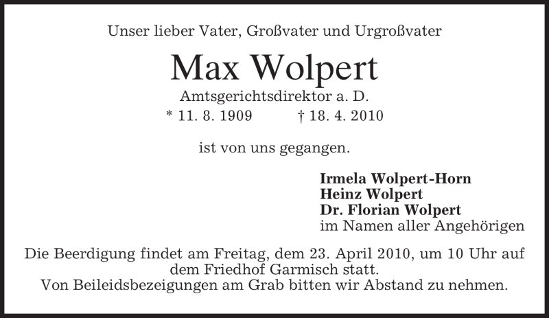 Traueranzeige für Max Wolpert vom 21.04.2010 aus MERKUR & TZ