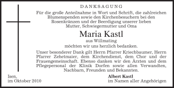 Traueranzeige von Maria Kastl von MERKUR & TZ