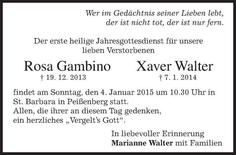  Traueranzeige für Rosa und Xaver  vom 02.01.2015 aus merkurtz