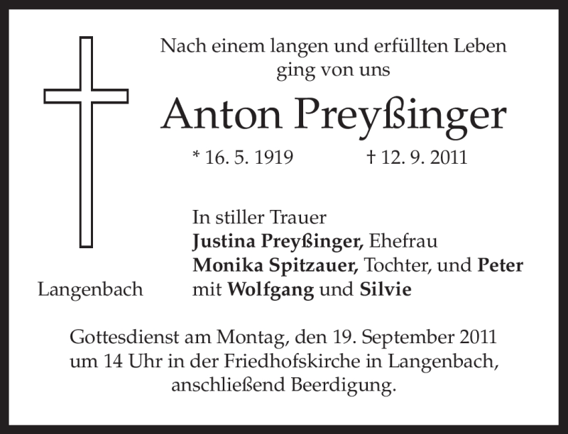  Traueranzeige für Anton Preyßinger vom 15.09.2011 aus MERKUR & TZ