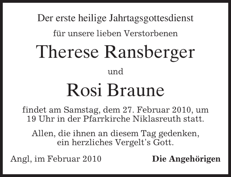  Traueranzeige für Therese Ransberger vom 25.02.2010 aus MERKUR & TZ