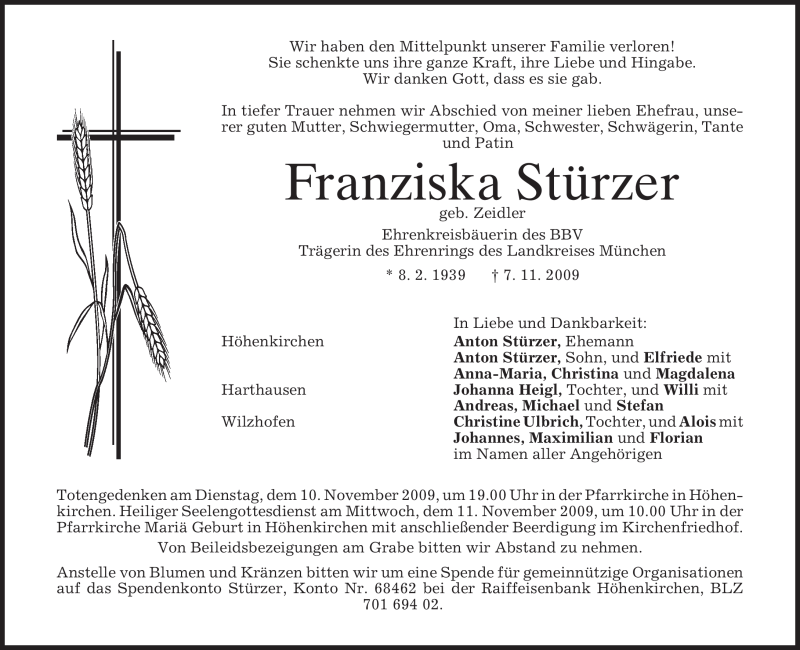  Traueranzeige für Franziska Stürzer vom 09.11.2009 aus MERKUR & TZ