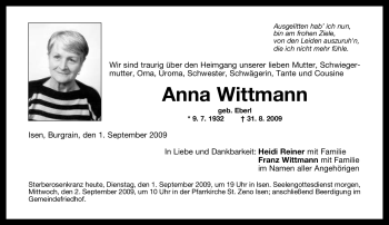 Traueranzeige von Anna Wittmann von MERKUR & TZ