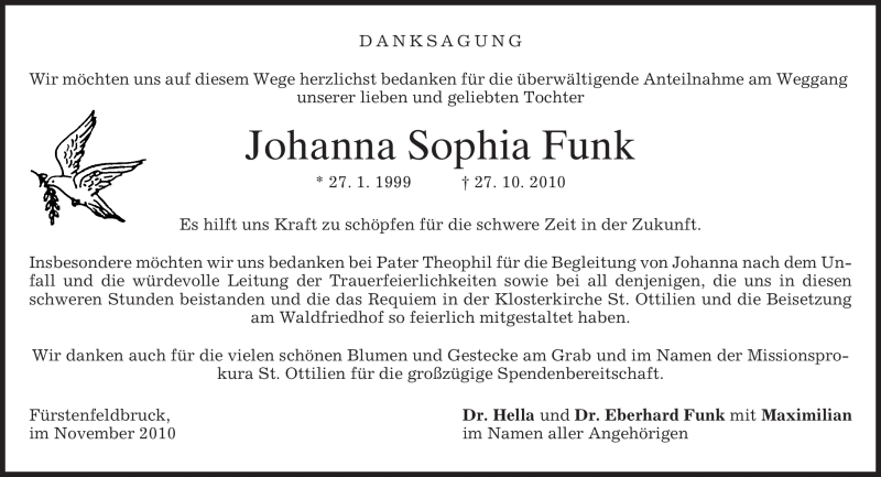  Traueranzeige für Johanna Sophia Funk vom 13.11.2010 aus MERKUR & TZ
