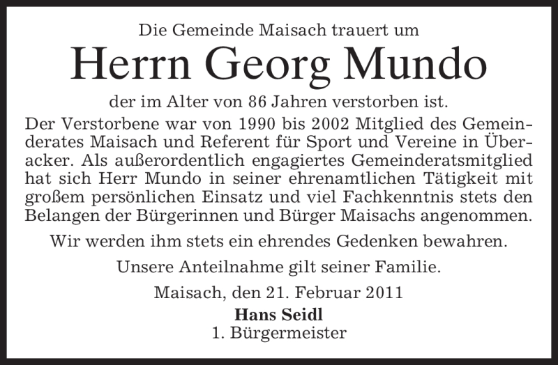 Traueranzeige für Georg Mundo vom 23.02.2011 aus MERKUR & TZ