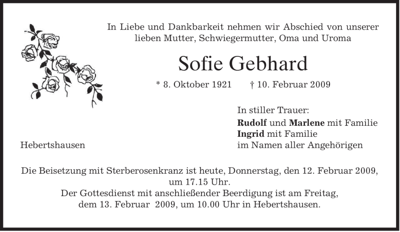  Traueranzeige für Sofie Gebhard vom 12.02.2009 aus MERKUR & TZ