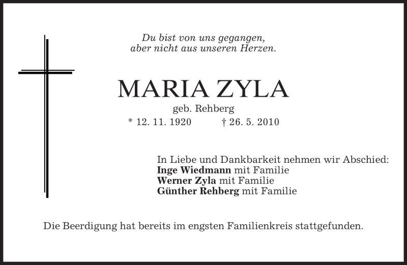  Traueranzeige für Maria Zyla vom 04.06.2010 aus MERKUR & TZ