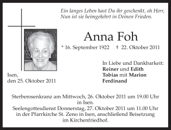 Traueranzeige von Anna Foh von MERKUR & TZ