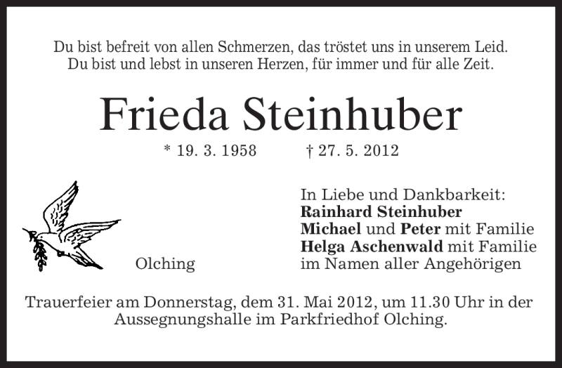  Traueranzeige für Frieda Steinhuber vom 30.05.2012 aus MERKUR & TZ