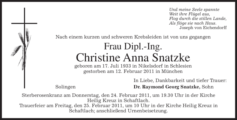  Traueranzeige für Christine Anna Snatzke vom 19.02.2011 aus MERKUR & TZ