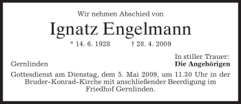 Traueranzeige von Ignatz Engelmann von MERKUR & TZ
