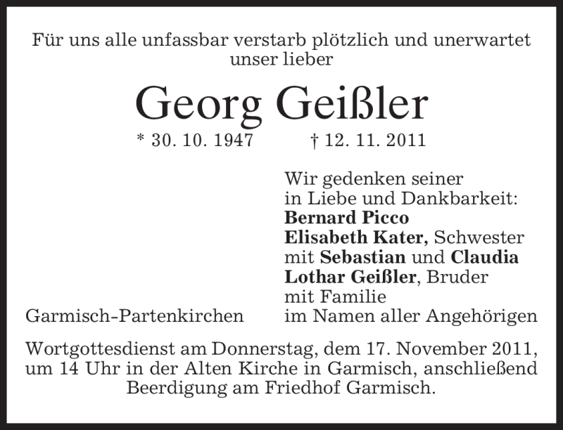  Traueranzeige für Georg Geißler vom 15.11.2011 aus MERKUR & TZ