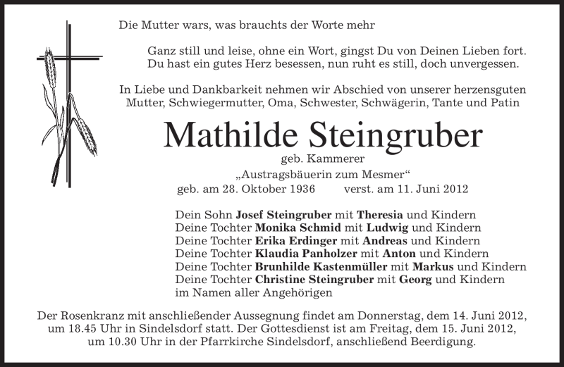  Traueranzeige für Mathilde Steingruber vom 13.06.2012 aus MERKUR & TZ