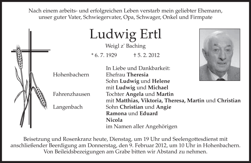  Traueranzeige für Ludwig Ertl vom 07.02.2012 aus MERKUR & TZ