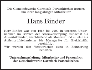 Traueranzeige von Hans Binder von merkurtz