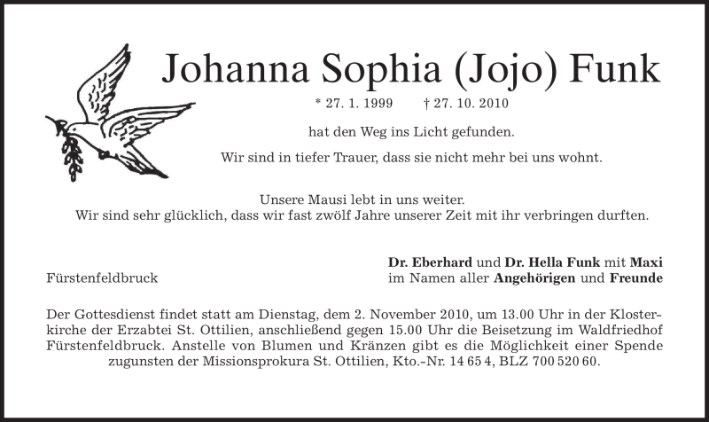  Traueranzeige für Johanna Sophia Funk vom 30.10.2010 aus MERKUR & TZ