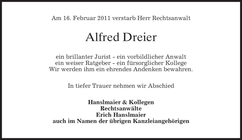  Traueranzeige für Alfred Dreier vom 17.02.2011 aus MERKUR & TZ