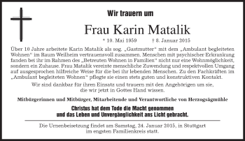 Traueranzeige von Karin Matalik von merkurtz