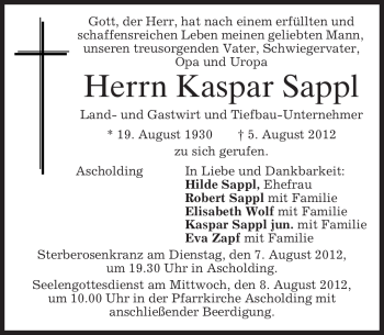 Traueranzeige von Kaspar Sappl von MERKUR & TZ