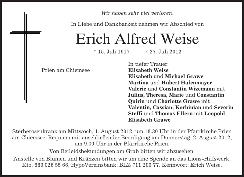 Traueranzeige für Erich Alfred Weise vom 30.07.2012 aus MERKUR & TZ