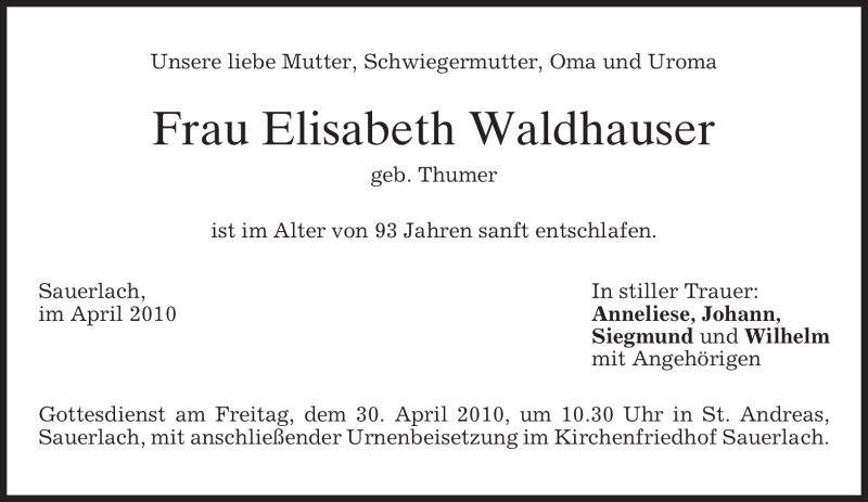  Traueranzeige für Elisabeth Waldhauser vom 28.04.2010 aus MERKUR & TZ