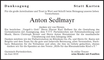 Traueranzeige von Anton Sedlmayr von MERKUR & TZ