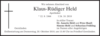 Traueranzeige von Klaus-Rüdiger Held von MERKUR & TZ