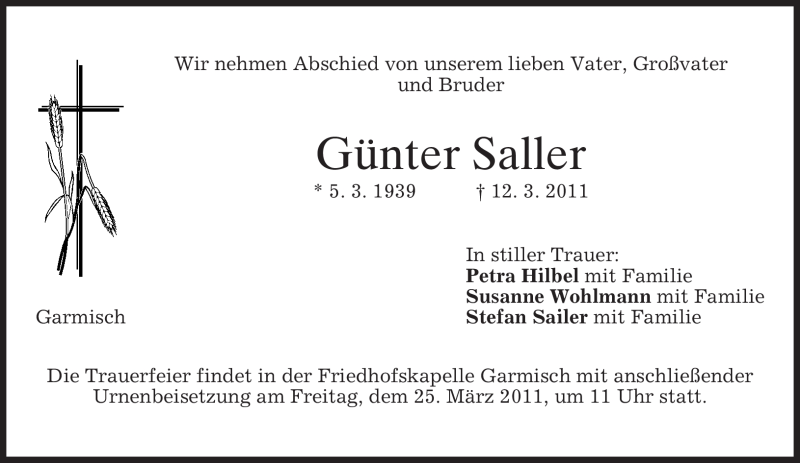  Traueranzeige für Günter Saller vom 23.03.2011 aus MERKUR & TZ